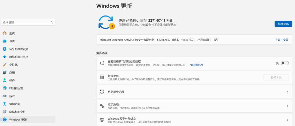 Windows系统设置更新页面展示